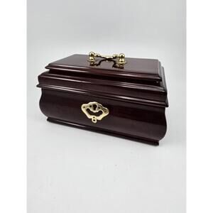 Vintage Petite Mahogany Red Wooden Two Tier Hinged Jewelry Trinket Storage Box